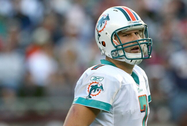 FOXBORO, MA - NOVEMBER 8:  Chad Henne #7 of the Miami Dolphons reacts against the New England Patriots at Gillette Stadium on November 8, 2009 in Foxboro, Massachusetts. (Photo by Jim Rogash/Getty Images)