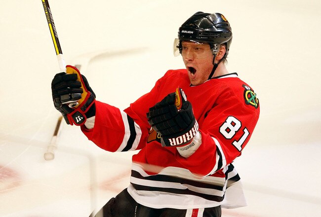 CHICAGO - APRIL 24: Marian Hossa #81 of the Chicago Blackhawks celebrates scoring the game-winning goal against the Nashville Predators in Game Five of the Western Conference Quarterfinals during the 2010 NHL Stanley Cup Playoffs at the United Center on April 24, 2010 in Chicago, Illinois. The Blackhawks defeated the Predators 5-4 in overtime. (Photo by Jonathan Daniel/Getty Images)