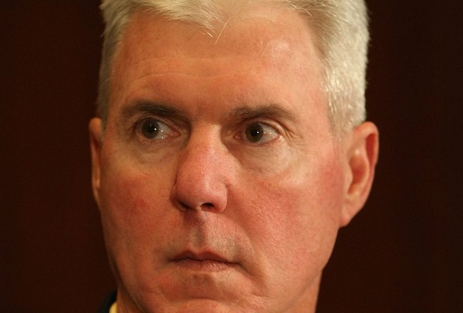 GREEN BAY, WI - MARCH 06: General manager Ted Thompson of the Green Bay Packers listens as quarterback Brett Favre announces his retirement at a press conference on March 6, 2008 at Lambeau Field in Green Bay, Wisconsin. (Photo by Jonathan Daniel/Getty Images)