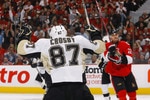 OTTAWA, ON - APRIL 24:  Sidney Crosby #87 of the Pittsburgh Penguins celebrates a goal by teammate Bill Guerin #13 (not seen) against the Ottawa Senators during Game 6 of the Eastern Conference Quaterfinals during the 2010 Stanley Cup Finals at Scotiabank Place on April 24, 2010 in Ottawa, Canada. The Pittsburgh Penguins and the Ottawa Senators are tied 3-3 after three periods. (Photo by Phillip MacCallum/Getty Images)
