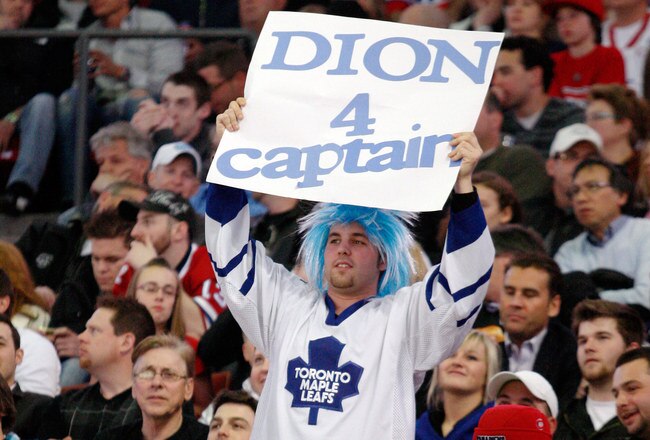 MONTREAL- APRIL 10:  A Toronto Maple Leafs fan supports Dion Phaneuf #3 during the NHL game between the Toronto Maple Leafs and Montreal Canadiens on April 10, 2010 at the Bell Centre in Montreal, Quebec, Canada.  The Maple Leafs the Canadiens 4-3 in overtime.  (Photo by Richard Wolowicz/Getty Images)