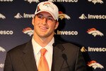 ENGLEWOOD, CO - APRIL 23:  Tim Tebow is introduced by the Denver Broncos at a press conference at the Broncos Headquarters in Dove Valley on April 23, 2010 in Englewood, Colorado. The Broncos picked Tebow in the first round of the 2010 NFL draft.  (Photo by Doug Pensinger/Getty Images)