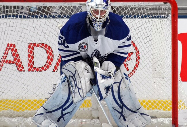 TORONTO, ON - NOVEMBER 07: Jonas Gustavsson #50 of the Toronto Maple Leafs takes a break in his game against the Detroit Red Wings at the Air Canada Centre on November 7, 2009 in Toronto, Canada.  The Maple Leafs defeated the Red Wings 5-1. (Photo by Bruce Bennett/Getty Images)
