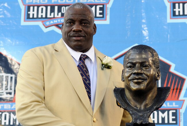 CANTON, OH - AUGUST 2:  Fred Dean formerly of the San Diego Chargers and San Francisco 49ers poses with his bust after his induction during the  Class of 2008 Pro Football Hall of Fame Enshrinement Ceremony at Fawcett Stadium on August 2, 2008 in Canton, Ohio.   (Photo by Al Messerschmidt/Getty Images)