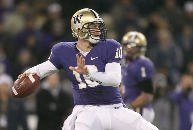 SEATTLE - DECEMBER 05: Quarterback Jake Locker #10 of the Washington Huskies passes the ball against the California Bears on December 5, 2009 at Husky Stadium in Seattle, Washington. The Huskies defeated the Bears 42-10. (Photo by Otto Greule Jr/Getty Images)