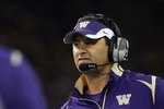 SEATTLE - SEPTEMBER 5:  Head coach Steve Sarkisian of the Washington Huskies looks on from the sideline to a player on the field during the game against the LSU Tigers on September 5, 2009 at Husky Stadium in Seattle, Washington. The LSU Tigers defeated the Washington Huskies 31-23. (Photo by Otto Greule Jr/Getty Images)