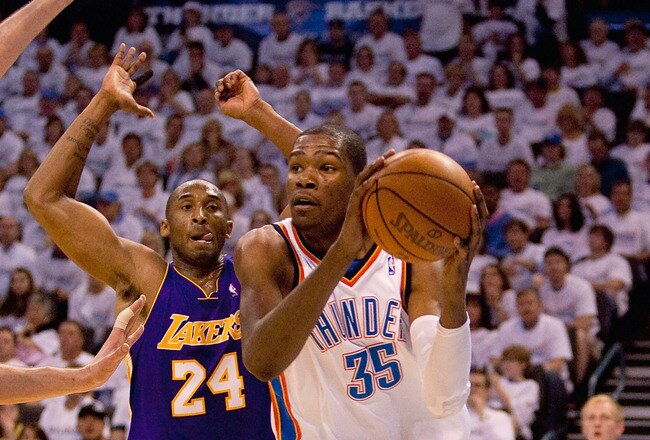 OKLAHOMA CITY - APRIL 24: Kevin Durant #35 of the Oklahoma City Thunder drives to the basket against Kobe Bryant #24 of the Los Angeles Lakers during Game Four of the Western Conference Quarterfinals of the 2010 NBA Playoffs on April 24, 2010 at the Ford Center in Oklahoma City, Oklahoma. NOTE TO USER: User expressly acknowledges and agrees that, by downloading and or using this photograph, User is consenting to the terms and conditions of the Getty Images License Agreement. (Photo by Dilip Vishwanat/Getty Images)