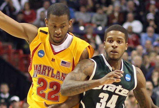 SPOKANE, WA - MARCH 21: Korie Lucious #34 of the Michigan State Spartans dribbles the ball against Adrian Bowie #22 of the Maryland Terrapins during the second round of the 2010 NCAA men's basketball tournament at the Spokane Arena on March 21, 2010 in Spokane, Washington. Michigan State defeated Maryland 85-83. (Photo by Otto Greule Jr/Getty Images)