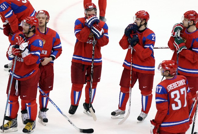 VANCOUVER, BC - FEBRUARY 24:  Alexander Ovechkin #8 of Russia and Team Russia stands on the ice after losing to Team Canada 7-3 during the ice hockey men's quarter final game between Russia and Canada on day 13 of the Vancouver 2010 Winter Olympics at Canada Hockey Place on February 24, 2010 in Vancouver, Canada.  (Photo by Alex Livesey/Getty Images)