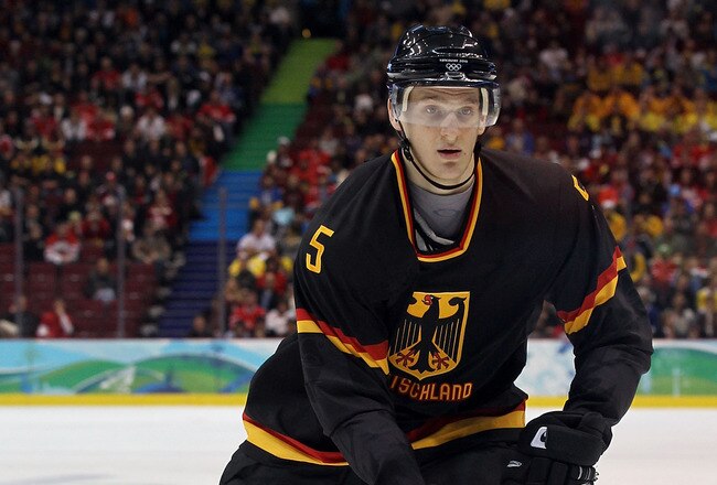 VANCOUVER, BC - FEBRUARY 17:  Korbinian Holzer #5 of Germany on the ice against Sweden during the ice hockey men's preliminary game on day 6 of the Vancouver 2010 Winter Olympics at Canada Hockey Place on February 17, 2010 in Vancouver, Canada.  (Photo by Bruce Bennett/Getty Images)