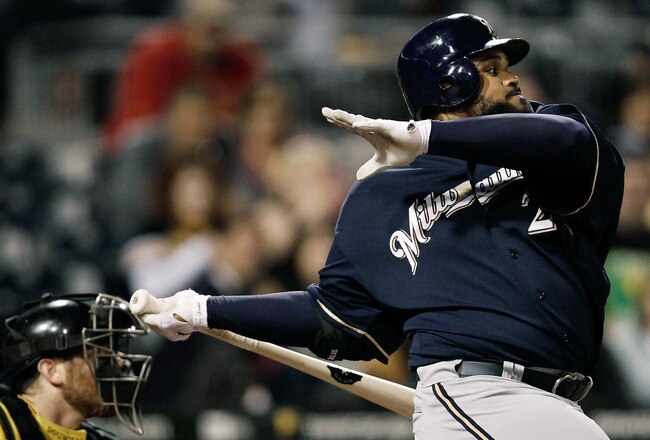 PITTSBURGH - APRIL 20:  Prince Fielder #28 of the Milwaukee Brewers at bat against the Pittsburgh Pirates during the game on April 20, 2010 at PNC Park in Pittsburgh, Pennsylvania.  (Photo by Jared Wickerham/Getty Images)