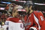 WASHINGTON - APRIL 28:  Jaroslav Halak #41 of the Montreal Canadiens shakes hands with Alex Ovechkin #8 of the Washington Capitals following the Canadiens 2-1 win in Game Seven of the Eastern Conference Quarterfinals during the 2010 NHL Stanley Cup Playoffs at the Verizon Center on April 28, 2010 in Washington, DC.  (Photo by Bruce Bennett/Getty Images)