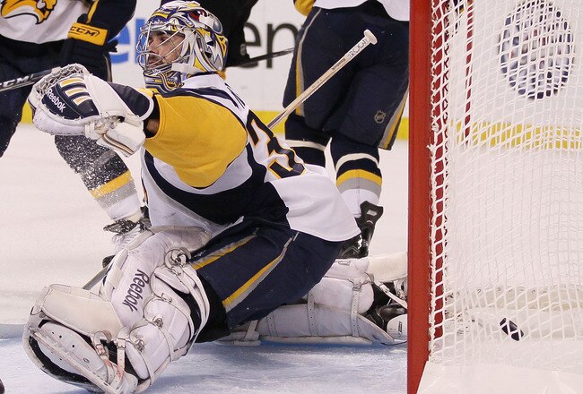 BOSTON - APRIL 26:  Ryan Miller #30 of the Buffalo Sabres is unable to stop a shot by David Krejci of the Boston Bruins in Game Six of the Eastern Conference Quarterfinals during the 2010 NHL Stanley Cup Playoffs at TD Garden on April 26, 2010 in Boston, Massachusetts. The Bruins defeated the Sabres 4-3 to win the series.  (Photo by Elsa/Getty Images)