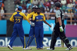 PROVIDENCE, GUYANA - APRIL 30:  Muttiah Muralitharan of Sri Lanka celebrates the wicket of Jesse Ryder of New Zealand during The ICC T20 World Cup Group B match between Sri Lanka and New Zealand at the Guyana National Stadium Cricket Ground on April 30, 2010 in Providence, Guyana.  (Photo by Clive Rose/Getty Images)