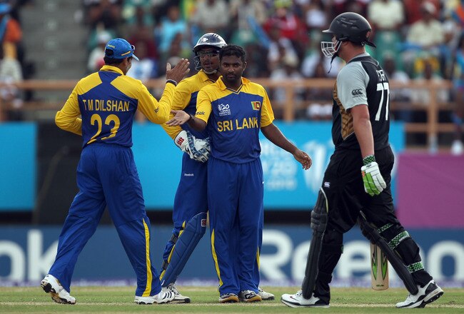 PROVIDENCE, GUYANA - APRIL 30:  Muttiah Muralitharan of Sri Lanka celebrates the wicket of Jesse Ryder of New Zealand during The ICC T20 World Cup Group B match between Sri Lanka and New Zealand at the Guyana National Stadium Cricket Ground on April 30, 2010 in Providence, Guyana.  (Photo by Clive Rose/Getty Images)