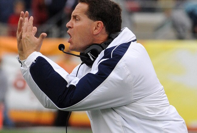 TAMPA, FL - JANUARY 1: Coach Gene Chizik of the Auburn Tigers questions a ruling during play against the Northwestern Wildcats in the Outback Bowl January 1, 2010 at Raymond James Stadium in Tampa, Florida.  (Photo by Al Messerschmidt/Getty Images)