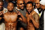 LAS VEGAS - APRIL 30:  (L-R) Boxers Floyd Mayweather Jr. and Shane Mosley pose after the weigh-in for their bout at the MGM Grand Garden Arena on April 30, 2010 in Las Vegas, Nevada. Mayweather and Mosley will meet in a 12-round welterweight bout on May 1, 2010 in Las Vegas.  (Photo by Ethan Miller/Getty Images)