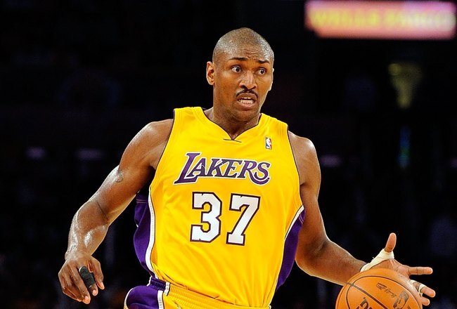 LOS ANGELES, CA - APRIL 27:  Ron Artest #37 of the Los Angeles Lakers moves the ball while taking on the Oklahoma City Thunder during Game Five of the Western Conference Quarterfinals of the 2010 NBA Playoffs at Staples Center on April 27, 2010 in Los Angeles, California.  (Photo by Kevork Djansezian/Getty Images)