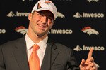 ENGLEWOOD, CO - APRIL 23:  Tim Tebow is introduced by the Denver Broncos at a press conference at the Broncos Headquarters in Dove Valley on April 23, 2010 in Englewood, Colorado. The Broncos picked Tebow in the first round of the 2010 NFL draft.  (Photo by Doug Pensinger/Getty Images)