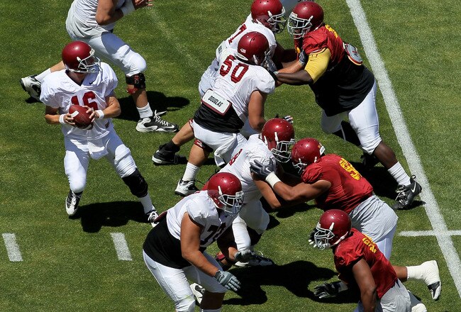 LOS ANGELES, CA - MAY 01:  Quarterback Mitch Mustain #16 drops back to pass during the  USC Trojans spring game on  May 1, 2010 at the Los Angeles Memorial Coliseum in Los Angeles, California.   (Photo by Stephen Dunn/Getty Images)