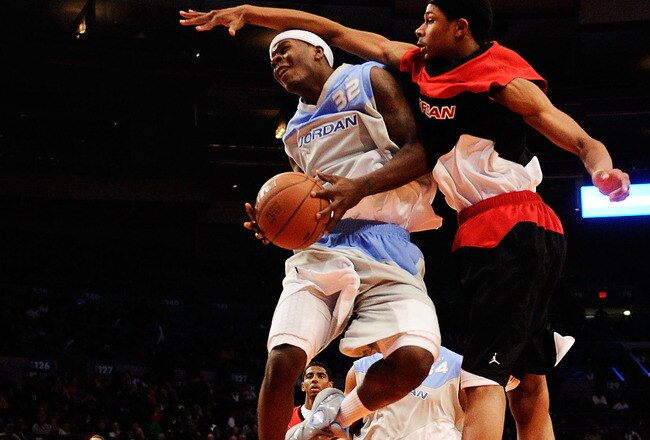 NEW YORK - APRIL 17:  Jelan Kendrick #45 of East Team blocks Josh Selby #32 of West Team during the National Game at the 2010 Jordan Brand classic at Madison Square Garden on April 17, 2010 in New York City.  (Photo by Jeff Zelevansky/Getty Images for Jordan Brand Classic)