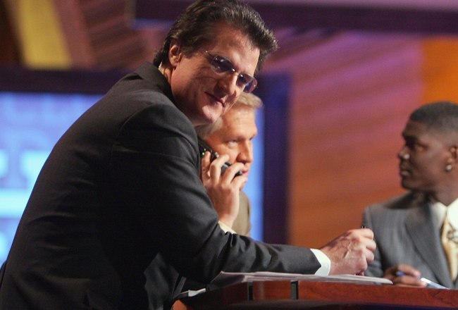 NEW YORK - APRIL 28:  Mel Kiper, Chris Mortensen and Keyshawn Johnson broadcast for ESPN during the 2007 NFL Draft on April 28, 2007 at Radio City Music Hall in New York, New York. (Photo by Chris McGrath/Getty Images)