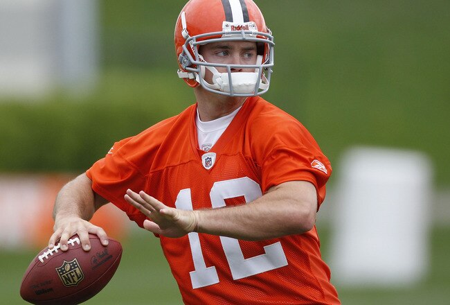 BEREA, OH - MAY 01:  Colt McCoy #12 of the Cleveland Browns gets ready to throw a pass during rookie mini camp at the Cleveland Browns Training and Administrative Complex on May 1, 2010 in Berea, Ohio.  (Photo by Gregory Shamus/Getty Images)