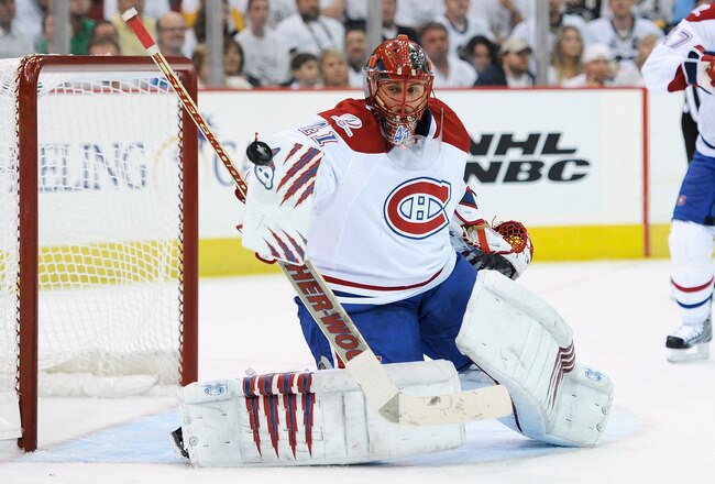 PITTSBURGH - MAY 2:  Goaltender Jaroslav Halak #41 of the Montreal Canadiens makes a save in the second period against the Pittsburgh Penguins in Game Two of the Eastern Conference Semifinals during the 2010 NHL Stanley Cup Playoffs on May 2, 2010 at Mellon Arena in Pittsburgh, Pennsylvania.  (Photo by Jamie Sabau/Getty Images)