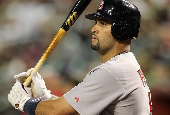 PHOENIX - APRIL 19:  Albert Pujols #5 of the St. Louis Cardinals bats against the Arizona Diamondbacks during the Major League Baseball game at Chase Field on April 19, 2010 in Phoenix, Arizona. The Cardinals defeated the Diamondbacks 4-2.  (Photo by Christian Petersen/Getty Images)