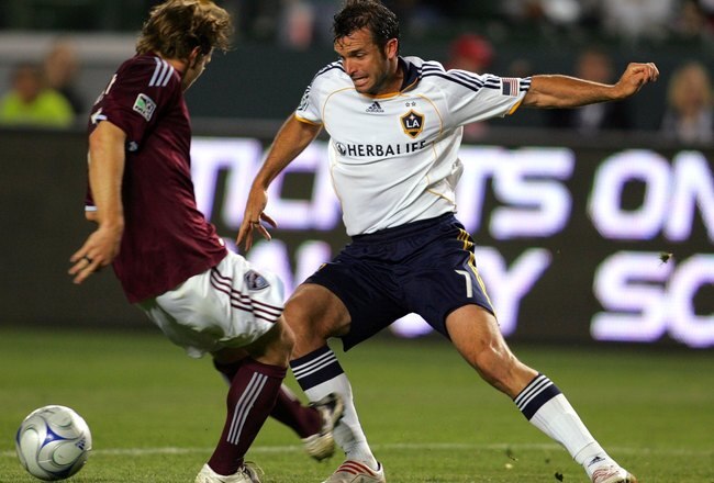 CARSON, CA - APRIL 04:  Chris Klein #7 of the Los Angeles Galaxy plays the ball back against the flow of play during the MLS match against the Colorado Rapids at The Home Depot Center on April 4, 2009 in Carson, California. The Rapids defeated the Galaxy 3-2.  (Photo by Victor Decolongon/Getty Images)