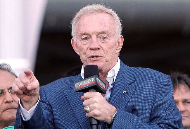 ARLINGTON, TX - MARCH 12:  Owner Jerry Jones of the Dallas Cowboys talks with the crowd in front of Cowboys Stadium before the weigh-in for the WBO welterweight title fight between Manny Pacquiao of the Philippines and Joshua Clottey of Ghana on March 12, 2010 in Arlington, Texas.  Pacquiao and Clottey will fight March 13, 2010 in Cowboys Stadium.  (Photo by Jed Jacobsohn/Getty Images)