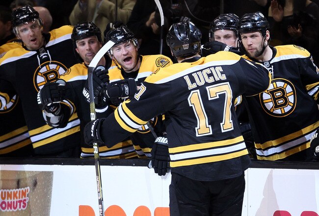 BOSTON - MAY 03:  Milan Lucic #17 of the Boston Bruins is congratulated by teammates on the bench after he scored the game winning goal in the first period against the Philadelphia Flyers in Game Two of the Eastern Conference Semifinals during the 2010 NHL Stanley Cup Playoffs at TD Garden on May 3, 2010 in Boston, Massachusetts. The Bruins defeated the Flyers 3-2.  (Photo by Elsa/Getty Images)
