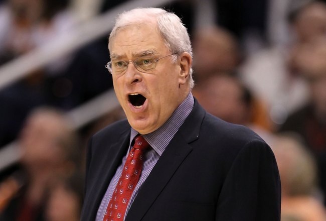 PHOENIX - MARCH 12:  Head coach Phil Jackson of the Los Angeles Lakers reacts during the NBA game against the Phoenix Suns at US Airways Center on March 12, 2010 in Phoenix, Arizona. The Lakers defeated the Suns 102-96.  NOTE TO USER: User expressly acknowledges and agrees that, by downloading and or using this photograph, User is consenting to the terms and conditions of the Getty Images License Agreement.  (Photo by Christian Petersen/Getty Images)