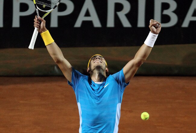 ROME - MAY 02:  Rafael Nadal of Spain celebrates winning against David Ferrer of Spain in the final during day eight of the ATP Masters Series - Rome at the Foro Italico Tennis Centre on May 2, 2010 in Rome, Italy.  (Photo by Ian Walton/Getty Images)