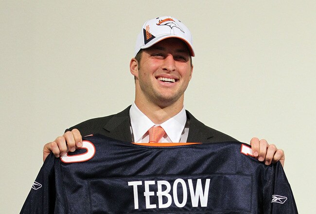 ENGLEWOOD, CO - APRIL 23:  Tim Tebow is introduced by the Denver Broncos at a press conference at the Broncos Headquarters in Dove Valley on April 23, 2010 in Englewood, Colorado. The Broncos picked Tebow in the first round of the 2010 NFL draft.  (Photo by Doug Pensinger/Getty Images)