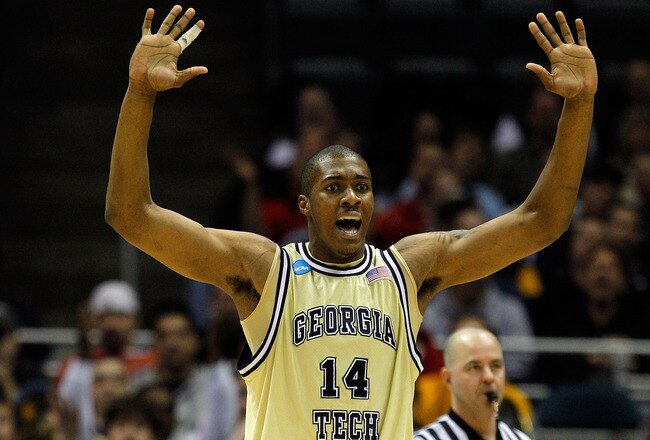 MILWAUKEE - MARCH 21:  Derrick Favors #14 of the Georgia Tech Yellow Jackets reatcs in the second half after being called for a foul during the second round of the 2010 NCAA men's basketball tournament against the Ohio State Buckeyes at the Bradley Center on March 21, 2010 in Milwaukee, Wisconsin.  (Photo by Jonathan Daniel/Getty Images)