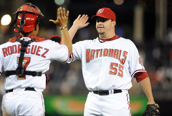 WASHINGTON - MAY 04:  Matt Capps #55 of the Washington Nationals celebrates with teammate Ivan Rodriguez #7 after a 6-3 victory against the Atlanta Braves at Nationals Park on May 4, 2010 in Washington, DC.  (Photo by Greg Fiume/Getty Images)