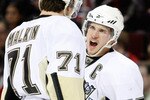 MONTREAL- MAY 4:  Sidney Crosby #87 and Evgeni Malkin #71 of the Pittsburgh Penguins discuss a play in Game Three of the Eastern Conference Semifinals against the Montreal Canadiens during the 2010 NHL Stanley Cup Playoffs at the Bell Centre on May 4, 2010 in Montreal, Quebec, Canada.  The Penguins defeated the Canadiens 2-0 taking a 2-1 lead in the series.  (Photo by Richard Wolowicz/Getty Images)