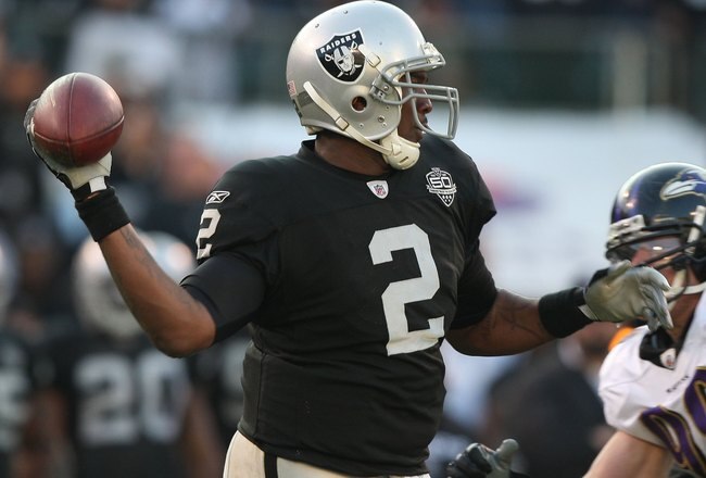 OAKLAND, CA - JANUARY 03:  JaMarcus Russell #2 of the Oakland Raiders in action  against the Baltimore Ravens during an NFL game at Oakland-Alameda County Coliseum on January 3, 2010 in Oakland, California.  (Photo by Jed Jacobsohn/Getty Images)