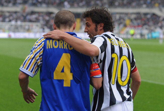 TURIN, ITALY - MAY 09:  Alessandro Del Piero of Juventus FC (R) speaks to Stefano Morrone of Parma FC after having asked fans to stop throwing missiles onto the pitch during the Serie A match between Juventus FC and Parma FC at Stadio Olimpico di Torino on May 9, 2010 in Turin, Italy.  (Photo by Valerio Pennicino/Getty Images)