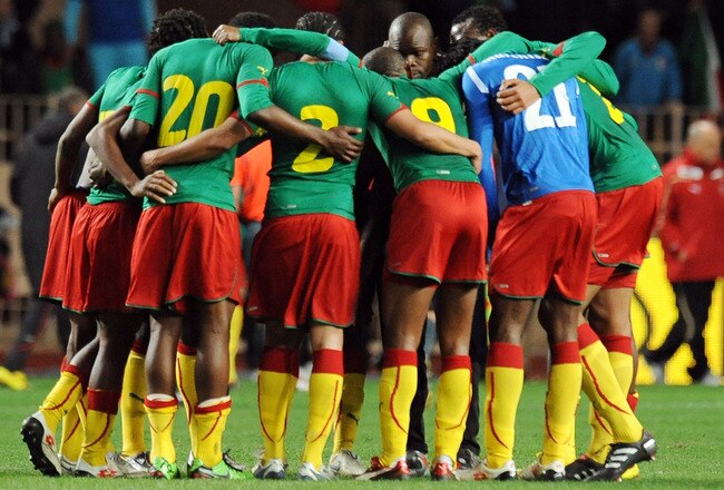 MONACO - MARCH 03:  Players of Cameroon celebrate after the International Friendly match between Italy and Cameroon at Louis II Stadium on March 3, 2010 in Monaco, Monaco.  (Photo by Tullio M. Puglia/Getty Images)
