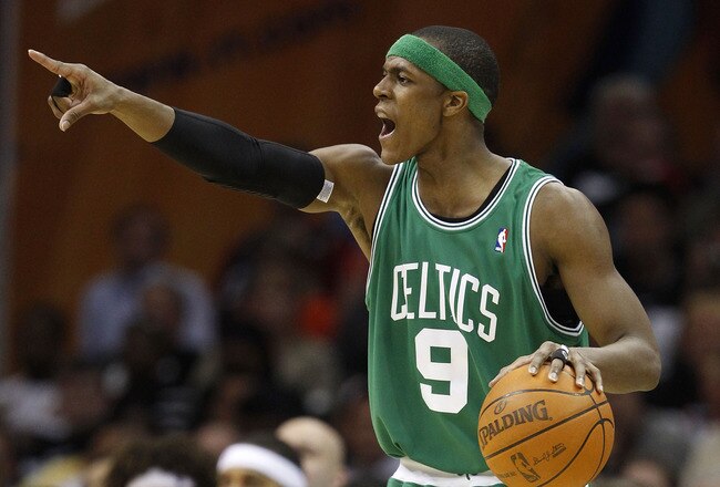 CLEVELAND - MAY 03:  Rajon Rondo #9 of the Boston Celtics calls out instructions  while playing the Cleveland Cavaliers in Game Two of the Eastern Conference Semifinals during the 2010 NBA Playoffs at Quicken Loans Arena on May 3, 2010 in Cleveland, Ohio. Boston won the game 104-86 to tie the series 1-1. NOTE TO USER: User expressly acknowledges and agrees that, by downloading and or using this photograph, User is consenting to the terms and conditions of the Getty Images License Agreement.  (Photo by Gregory Shamus/Getty Images)