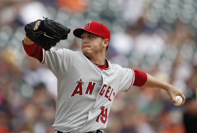 DETROIT - MAY 01:  Scott Kazmir #19 of the Los Angeles Angels of Anaheim pitches in the first inning against the Detroit Tigers during the game on May 1, 2010 at Comerica Park in Detroit, Michigan.  (Photo by Leon Halip/Getty Images)