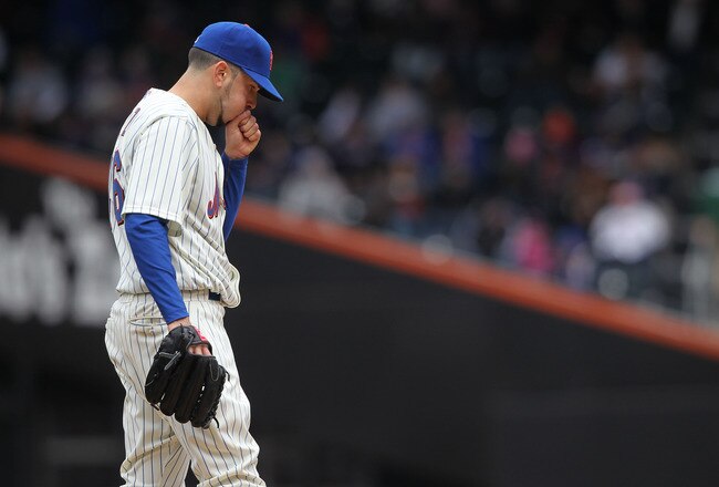 NEW YORK - MAY 09:  Oliver Perez #46 of the New York Mets reacts to giving  up a walk against the San Francisco Giants at Citi Field on May 9, 2010 in the Flushing neighborhood of the Queens borough of New York City.  (Photo by Nick Laham/Getty Images)