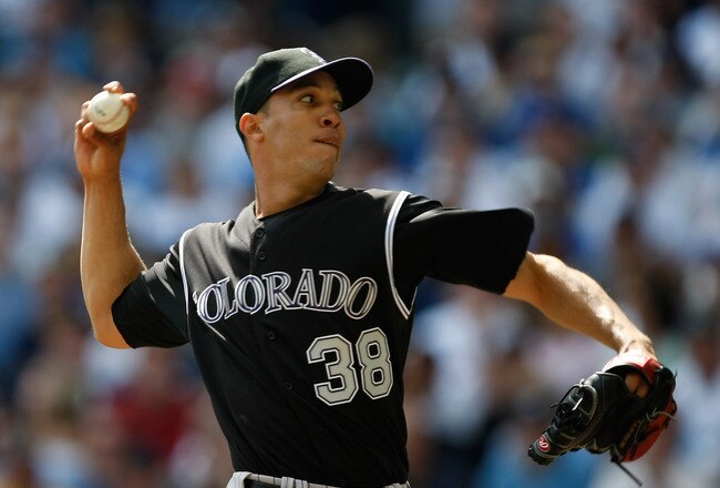 MILWAUKEE, WI - APRIL 05: Pitcher Ubaldo Jimenez #38 of the Colorado Rockies pitches the baseball against the Milwaukee Brewers at the Miller Park on April 05, 2010 in Milwaukee, Wisconsin. The Rockies defeated the Brewers 5-3.(Photo by Scott Boehm/Getty Images)