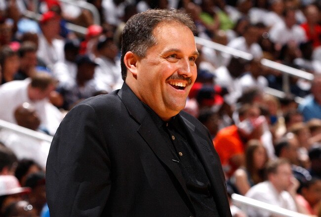 ATLANTA - MAY 08:  Head coach Stan Van Gundy of the Orlando Magic enjoys a laugh after a play against the Atlanta Hawks during Game Three of the Eastern Conference Semifinals during the 2010 NBA Playoffs at Philips Arena on May 8, 2010 in Atlanta, Georgia.  NOTE TO USER: User expressly acknowledges and agrees that, by downloading and/or using this Photograph, User is consenting to the terms and conditions of the Getty Images License Agreement.  (Photo by Kevin C. Cox/Getty Images)