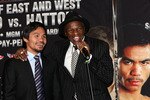 HOLLYWOOD - MARCH 30:  Professional boxer Manny Pacquiao and trainer Floyd Mayweather attend 'The Battle of East and West', a promotion for the May 2, 2009 World Junior Welterweight Championship boxing match held at the Roosevelt Hotel on March 30, 2009 in Hollywood, California.  (Photo by Alberto E. Rodriguez/Getty Images)