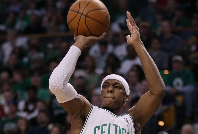 BOSTON - MAY 09:  Rajon Rondo #9 of the Boston Celtics takes a shot in the first half against the Cleveland Cavaliers during Game Four of the Eastern Conference Semifinals of the 2010 NBA playoffs at TD Garden on May 9, 2010 in Boston, Massachusetts  NOTE TO USER: User Expressly Acknowledges and agrees that, by downloading and or using this photograph, User is consenting to the terms and conditions of the Getty Images License Agreement.  (Photo by Elsa/Getty Images)
