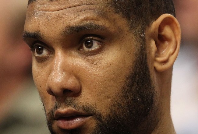 DALLAS - APRIL 27:  Tim Duncan #21 of the San Antonio Spurs in Game Five of the Western Conference Quarterfinals during the 2010 NBA Playoffs at American Airlines Center on April 27, 2010 in Dallas, Texas. NOTE TO USER: User expressly acknowledges and agrees that, by downloading and or using this photograph, User is consenting to the terms and conditions of the Getty Images License Agreement.  (Photo by Ronald Martinez/Getty Images)
