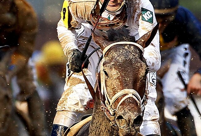 LOUISVILLE, KY - MAY 01:  Calvin Borel atop Super Saver crosses the finish line to win the 136th running of the Kentucky Derby on May 1, 2010 in Louisville, Kentucky.  (Photo by Matthew Stockman/Getty Images)